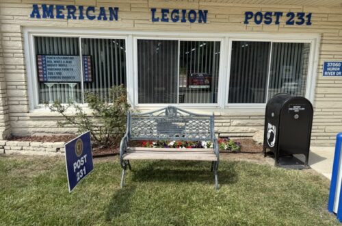 Post 231 Sign and Memorial Bench